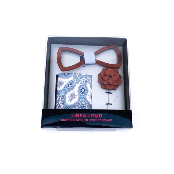 Lines Uomo Bow Tie Lapel Pink Pocket Square Set - Picture 1 of 6